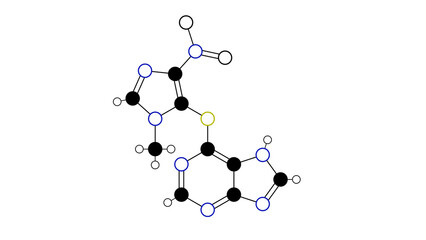 azathioprine molecule, structural chemical formula, ball-and-stick model, isolated image immunosuppressive agents