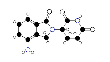 lenalidomide molecule, structural chemical formula, ball-and-stick model, isolated image immunomodulatory agents
