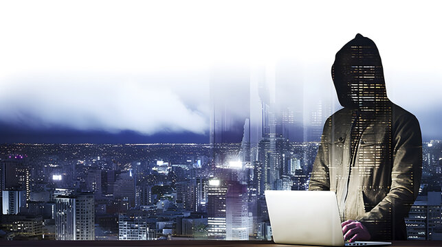 Double exposure image of anonymous hacker typing laptop with background of night city. AI generated