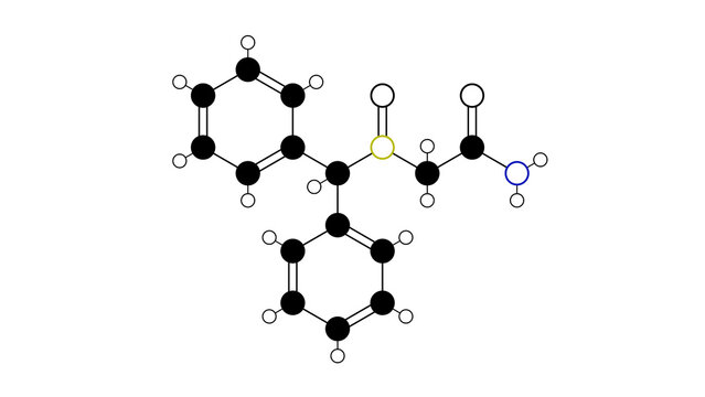 modafinil molecule, structural chemical formula, ball-and-stick model, isolated image wakefulness-promoting agents