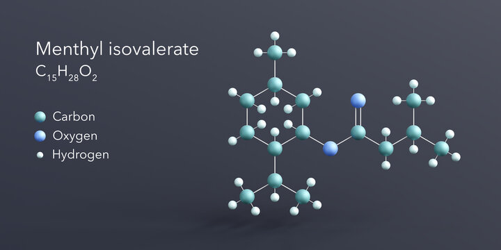 menthyl isovalerate molecule 3d rendering, flat molecular structure with chemical formula and atoms color coding