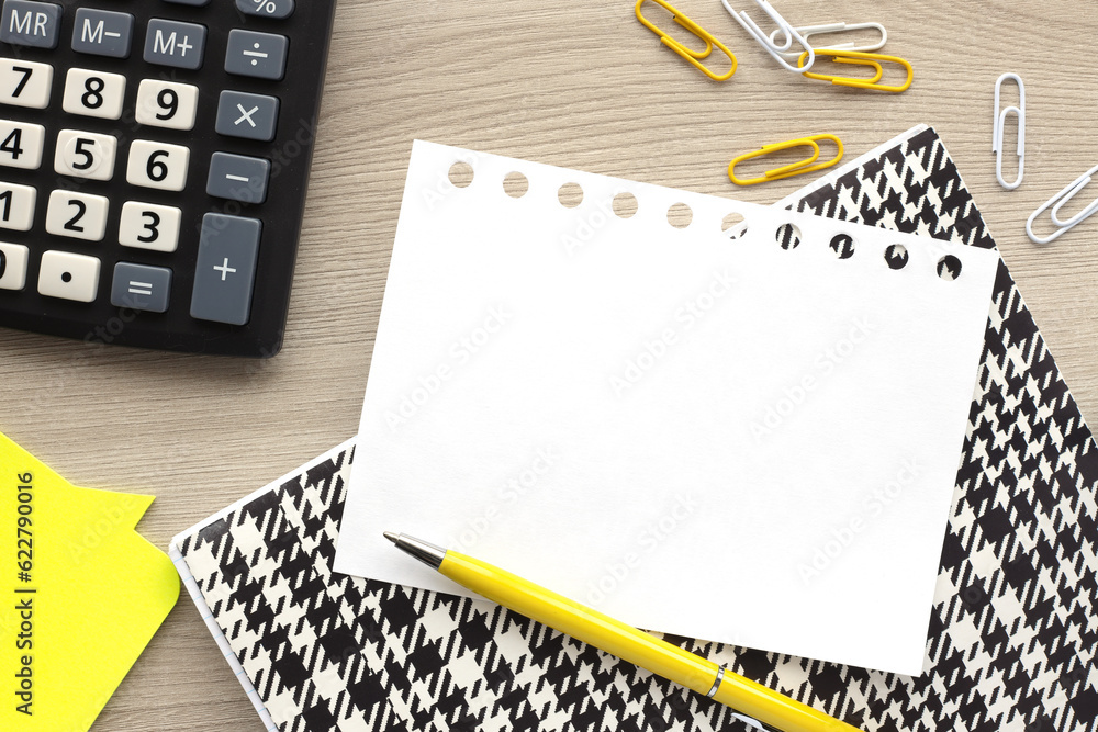 Poster white paper page on notepad, top view with copy space
