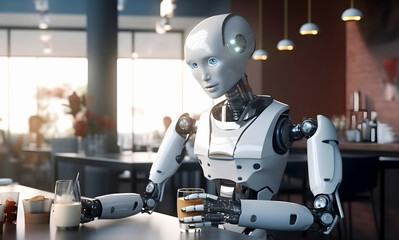 Robot waiter in cafe brought order and places it on table. Technology development. Concept of artificial intelligence for automation of production processes