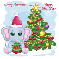 Cute cartoon elephant, childish character in santa hat with gift, christmas ball or candy cane near christmas tree