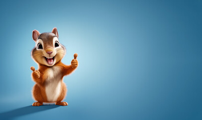Cute funny squirrel, smiling, showing approving thumbs up to appreciate good work or product. Wide banner with copy space side. Generative AI - obrazy, fototapety, plakaty