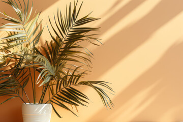 Background, palm tree in a pot against a beige wall, shadows of leaves on the wall. AI generative.