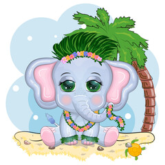 Cute cartoon elephant, childish character with beautiful eyes in Hawaiian costume, beach and vacation