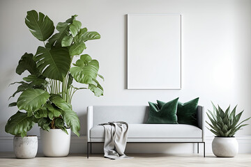 White vertical frame mockup. White scandinavian interior. Large plants in pots. Gray sofa. Modern style with copy space, frame mockup of artwork, photo, painting or presentation. Generative AI