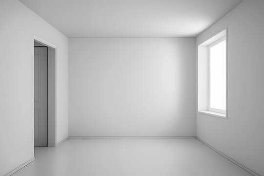 White empty minimalist white room interior, with door and window. Background for interior collage. Modern style with copy space, frame mockup of artwork, photo, painting or presentation. Generative AI
