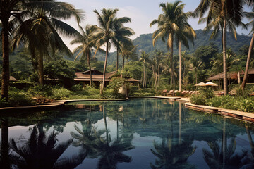 Beautiful tropical resort with swimming pool and palm trees during a warm sunny day.