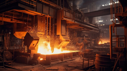 Production of steel and heavy metals in electric furnace in production. Generative ai image.