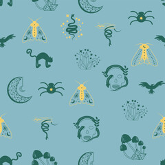 Magic and heaven seamless pattern, with magical elements such as snake, eye. Symbols and elements of the witchcraft theme.