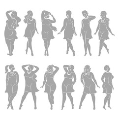 Collection.Beautiful woman silhouette in modern single line continuous style. The girl is overweight. The lady is standing. vector illustration set.