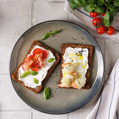 sandwich with cheese, shrimp, cucumber on the table. view from above