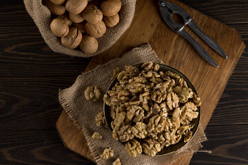 walnuts on a wooden table. View from above.