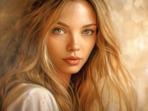 Oil portrait of an Attractive face of an young blonde  woman with long wavy hair. Sensual young lady. Portrait of a beautiful sensual girl with long blond hair a painted by oil. Digital painting art.