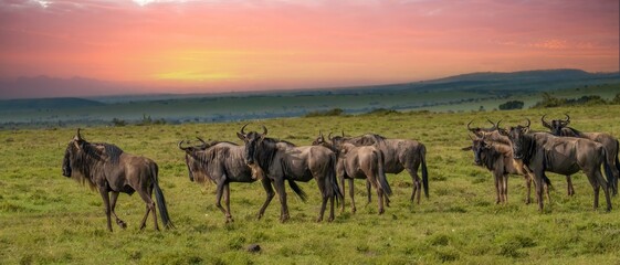 African Wildebeests (Connochaetes taurinus) on the Maasai Mara National Reserve at sunset, safari in southwestern Kenya