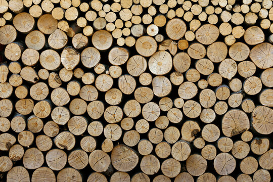 Industrial wood for the production of lumber, boards, pulp, paper and furniture. Dry tree trunks stacked in an even pile at a sawmill