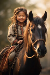 Fototapeta premium little Arabic, Turkish, child with a horse. girl at the farm in the forest in autumn. generative ai, generative, ai