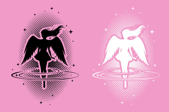 Set of silhouettes of anime girls with wings, angels, sorceresses.