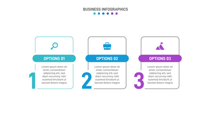 Timeline infographic with infochart. Modern presentation template with 3 spets for business process. Website template on white background for concept modern design. Horizontal layout.