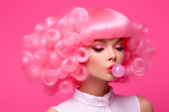 Emotion pink wig woman. Blowing a pink bubble gum bubble. Pink lips makeup