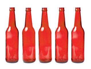five red glass empty bottles isolated on white background.