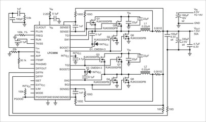 Engineer scheme of electronic device
(2 phase synchronous buck converter featuring). 
Vector drawing electrical circuit with 
diode, voltage controller, capacitor, inductor
and other components.
