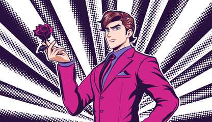 A romantic man in a pink business suit gives a rose in the style of manga and anime.