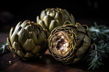 Obraz premium Grilled Artichokes, Barbeque Vegetables, Artichokes Roasted in Olive Oil, Abstract Generative AI Illustration