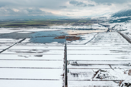 Aerial view of Bekaa valley under the snow. West Bekaa, Lebanon