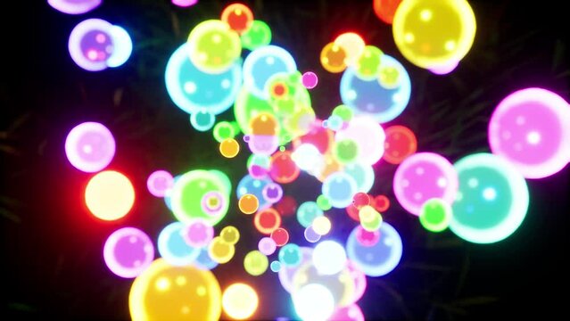  Christmas bubbles light glowing animation with camera zoom to blurred balls. Colorful abstract happy birthday background