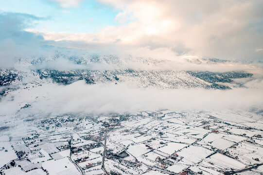 Aerial view of Bekaa valley under the snow. West Bekaa, Lebanon