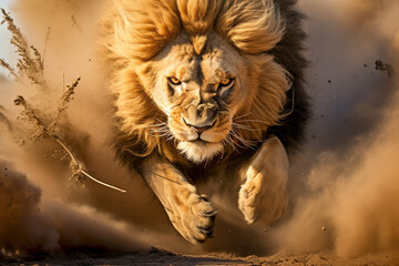 Angry lions hunting their prey.