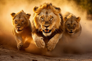 A lion pride hunting  prey through the dry savanna towards the camera, beautiful male lion in the middle. 