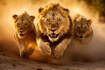 Foto op Aluminium A lion pride hunting  prey through the dry savanna towards the camera, beautiful male lion in the middle.  © Katynn