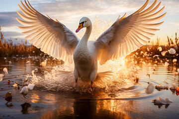 Swan landing on the water with wide spread wings