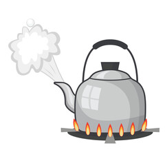 kettle with boiling water on gas kitchen design vector flat isolated illustration