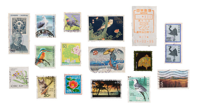 Vintage stamps, postage stamps, mail and letters, Japanese vintage stamps, png isolated on transparent background