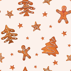 Fototapeta na wymiar Seamless ornate of cute Christmas gingerbread cookies isolated on beige background. Watercolor illustration of gingerbread man, stars, spruce for room decor, print, textile design. Top view.