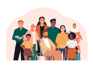 Inclusive People. Vector cartoon illustration in a flat style of a diverse group of people with different types of inclusiveness: LGBT, physical disability, religion, and age. Standing together  - obrazy, fototapety, plakaty