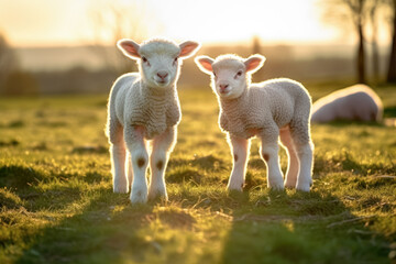 Two young lamb sheep on spring meadow looking curious into camera, nice warm afternoon sunlight haze. Generative AI