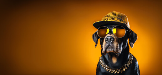 Funny dog posing as hip hop or rap superstar - baseball cap, dark sunglasses, golden chain. Wide banner with copy space on side. Wide banner with copy space on side. Generative AI - obrazy, fototapety, plakaty