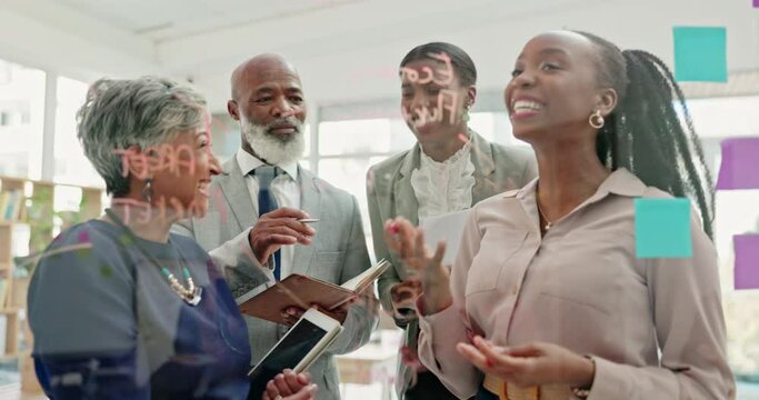 Glass, writing and business people planning, teamwork and brainstorming project schedule or workflow notes. Creative questions, african manager or women with mindmap ideas, solution or funny meeting