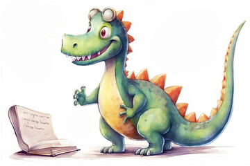 Naklejka premium Cute dinosaur going Back to school, illustration, Post processed AI generated image