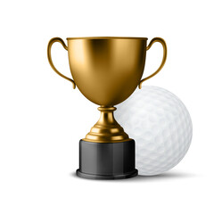 Realistic Vector 3d Golden Champion Cup Icon with Golf Ball Set Isolated on White Background. Design Template of Championship Trophy. Sport Tournament Award, Gold Winner Cup and Victory Concept