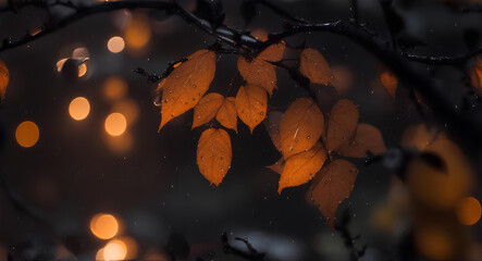 Autumn dark background with leaves. Rain, bokeh. AI