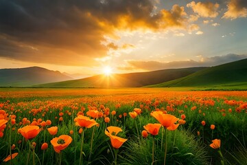 Fototapeta na wymiar A vibrant orange poppy standing tall amidst a field of green grass
