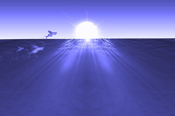 Mar azul y peces voladores. Ilustración