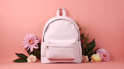 A school backpack with bright colors on a pink background. Back to school is a fashionable concept of the fall semester. Generative AI.